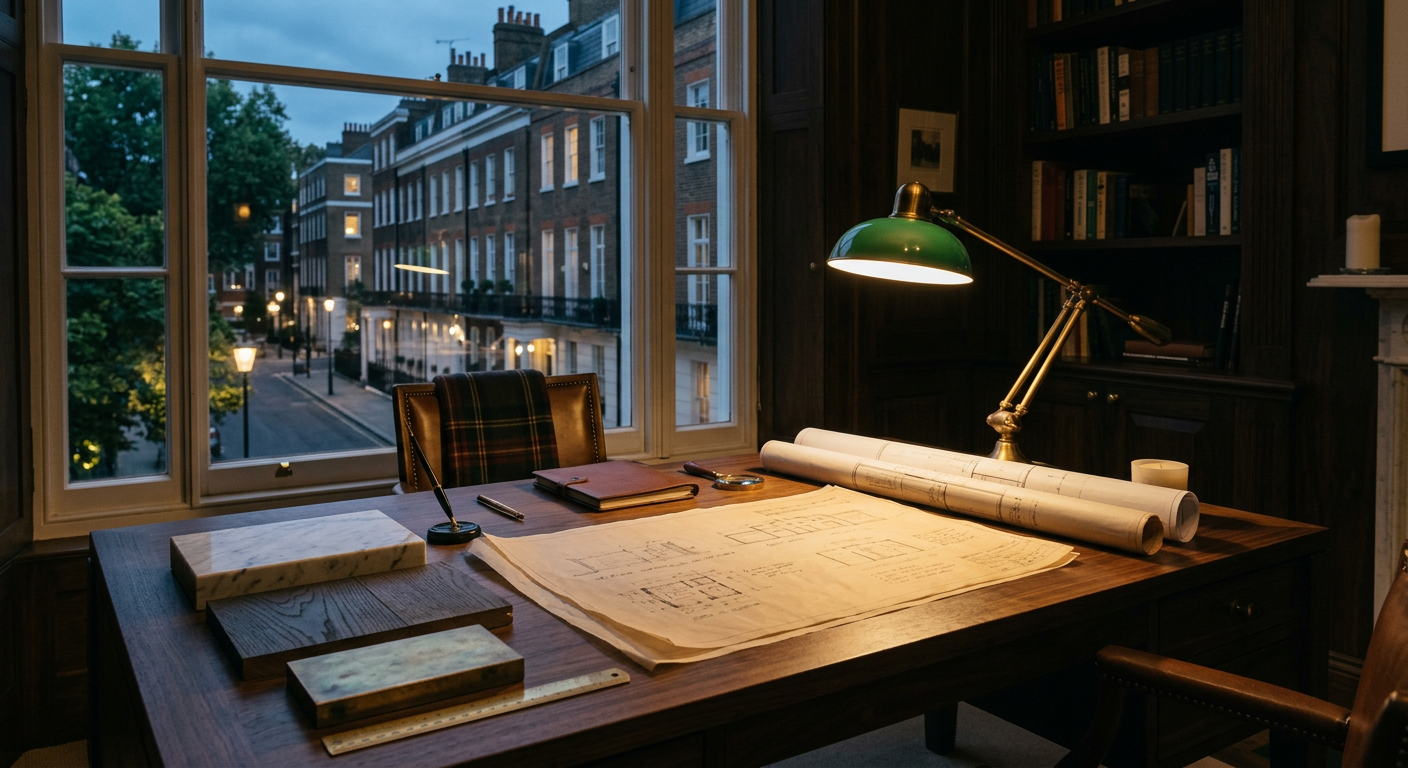 Paneled study with warm lighting and tall windows