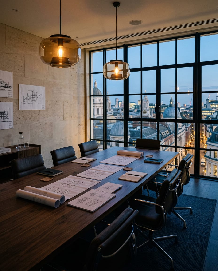 A walnut meeting table with drawings laid out beside tall windows at dusk