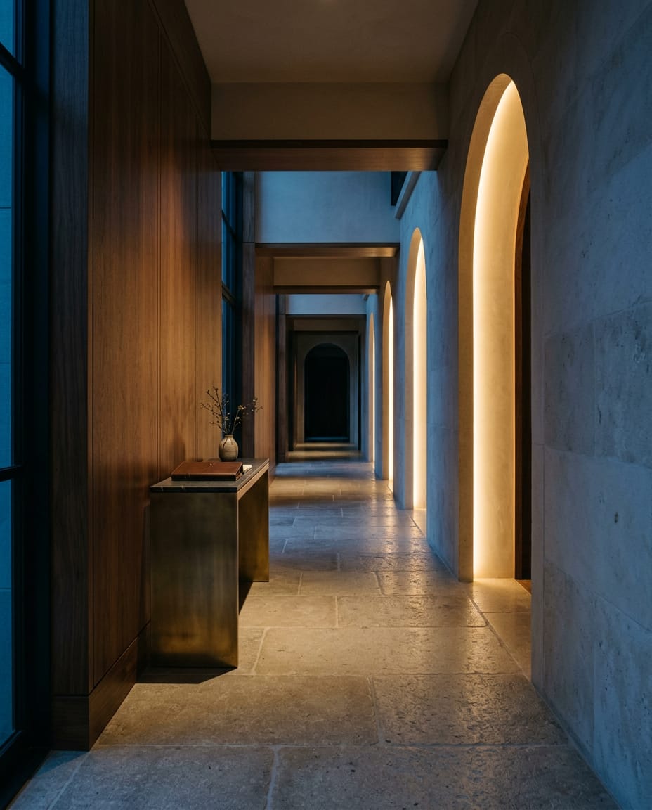 A long limestone gallery hallway with warm cove lighting receding into the distance