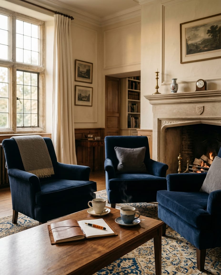 Two armchairs facing each other across a walnut table with a notebook in a quiet sitting room