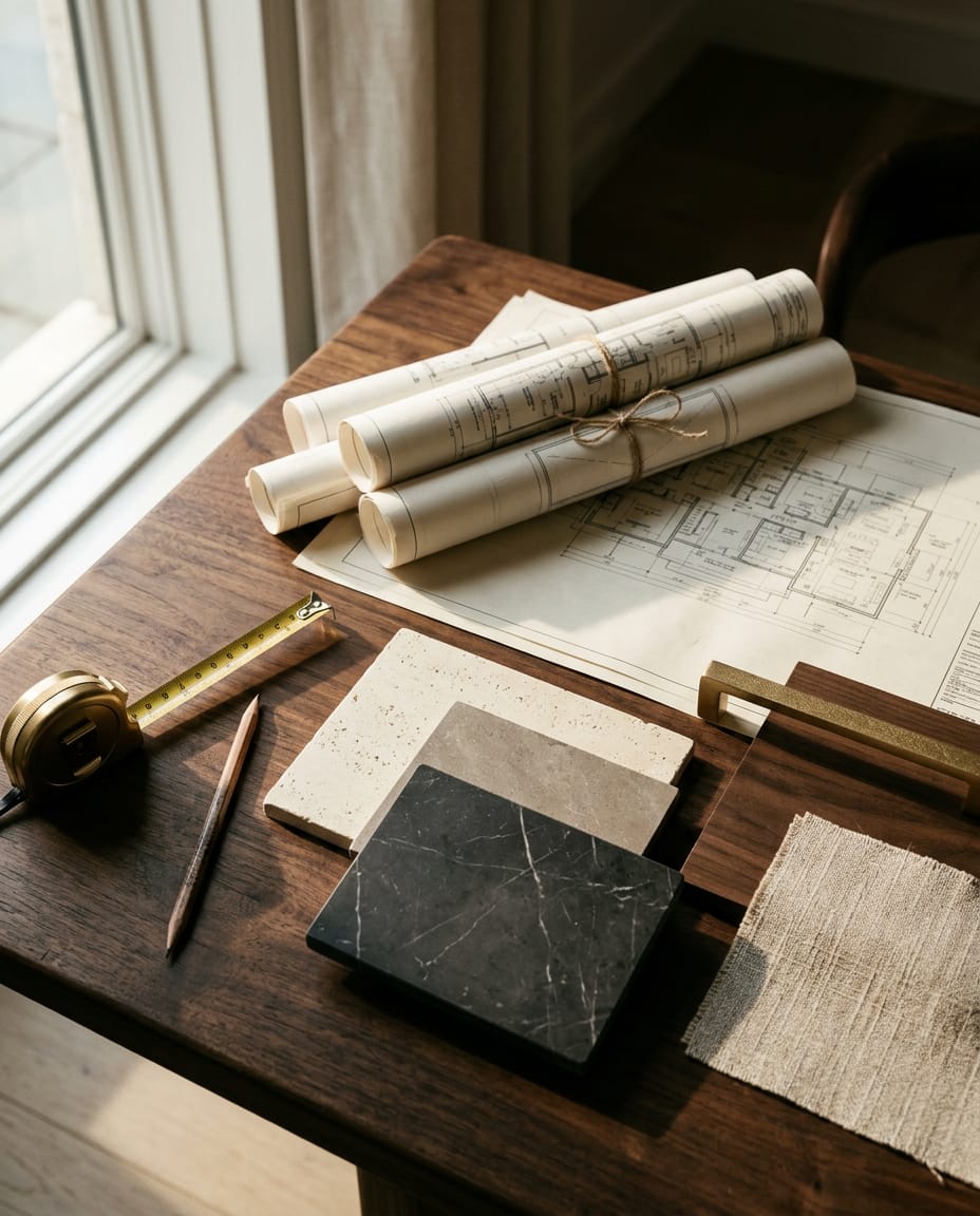 Architectural plans and stone, wood, and brass material samples arranged on a walnut table