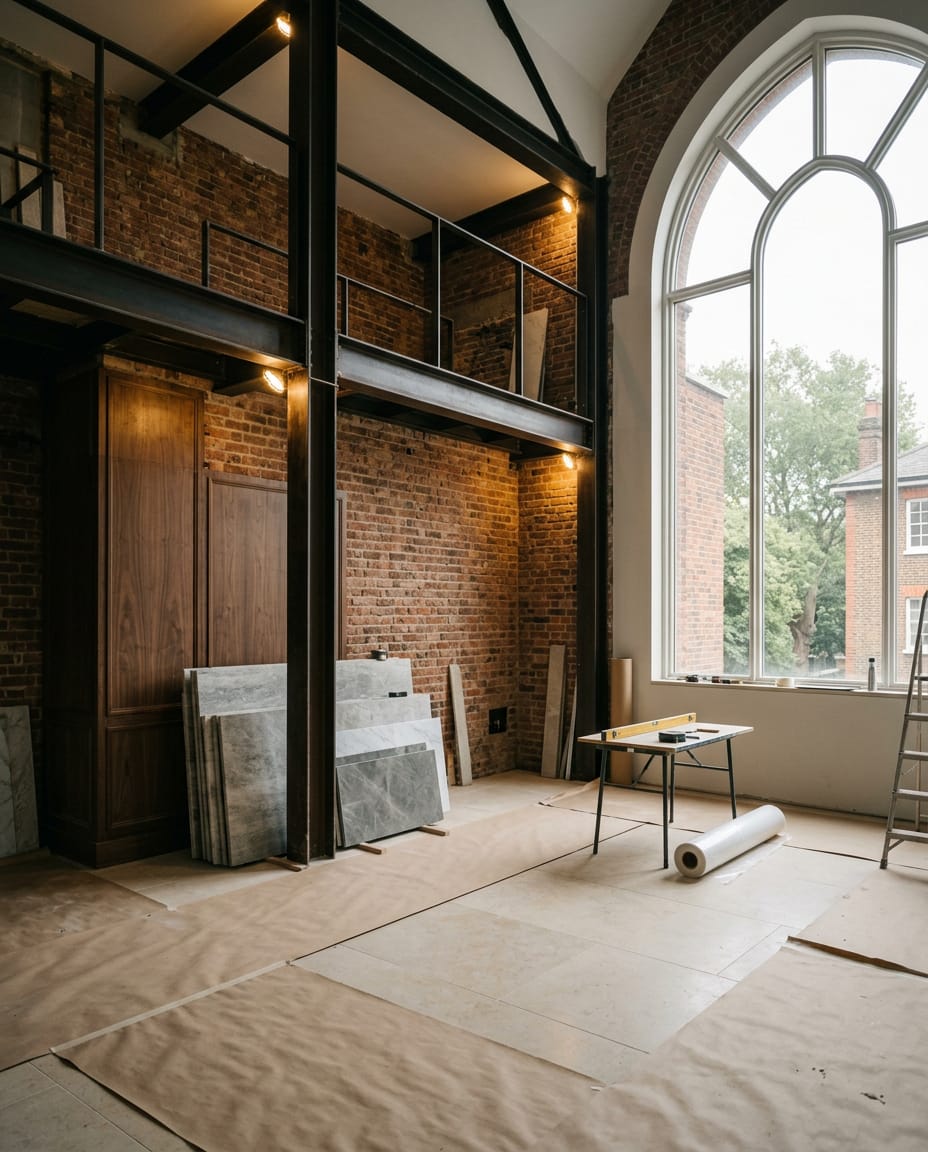 A double-height historic room mid-renovation with new steel beams meeting original brick
