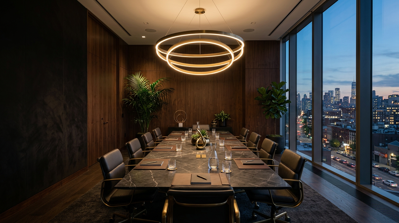 A dark-paneled boardroom with city views at night