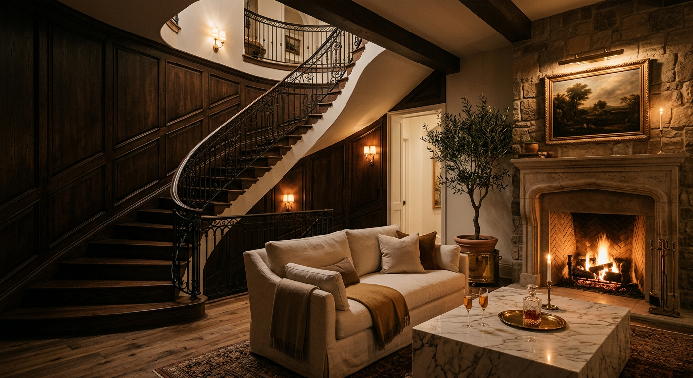 A refined living room with a fireplace and a curved staircase